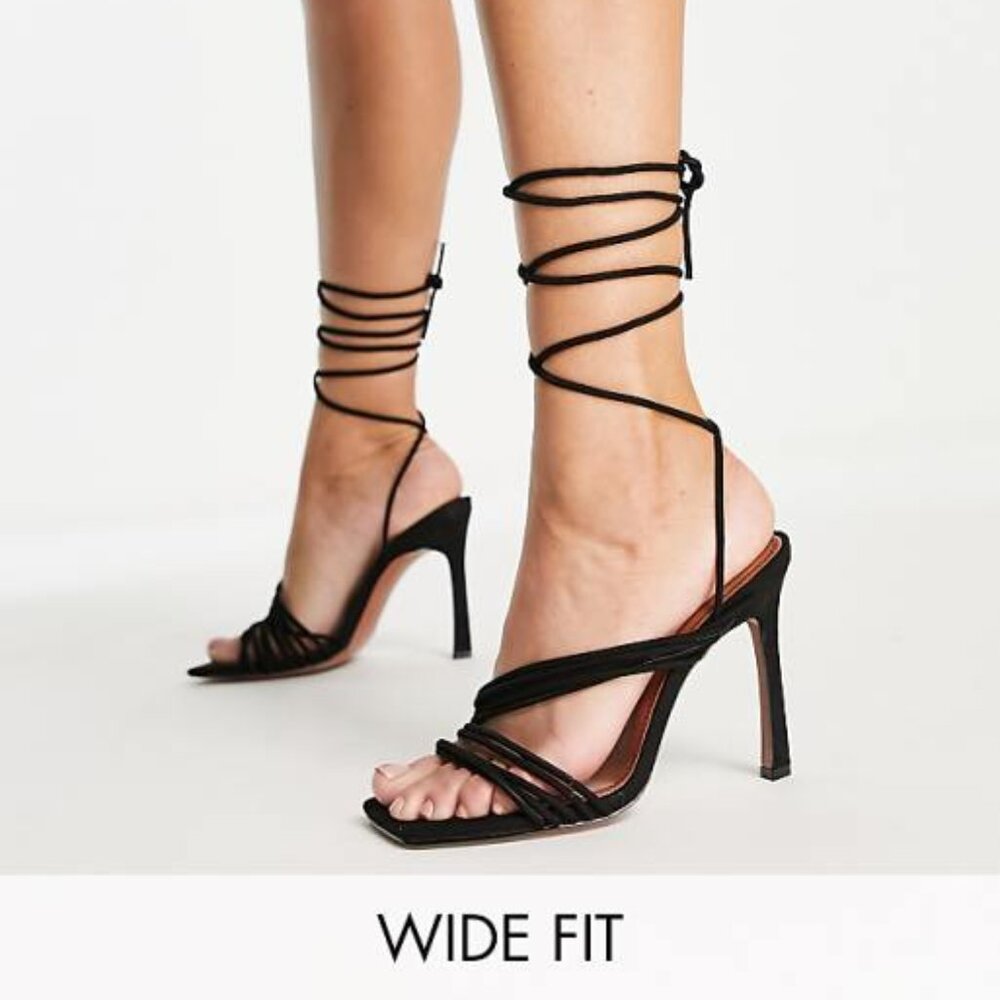 Black Strappy Lace Up Tie Wide Fit Heels